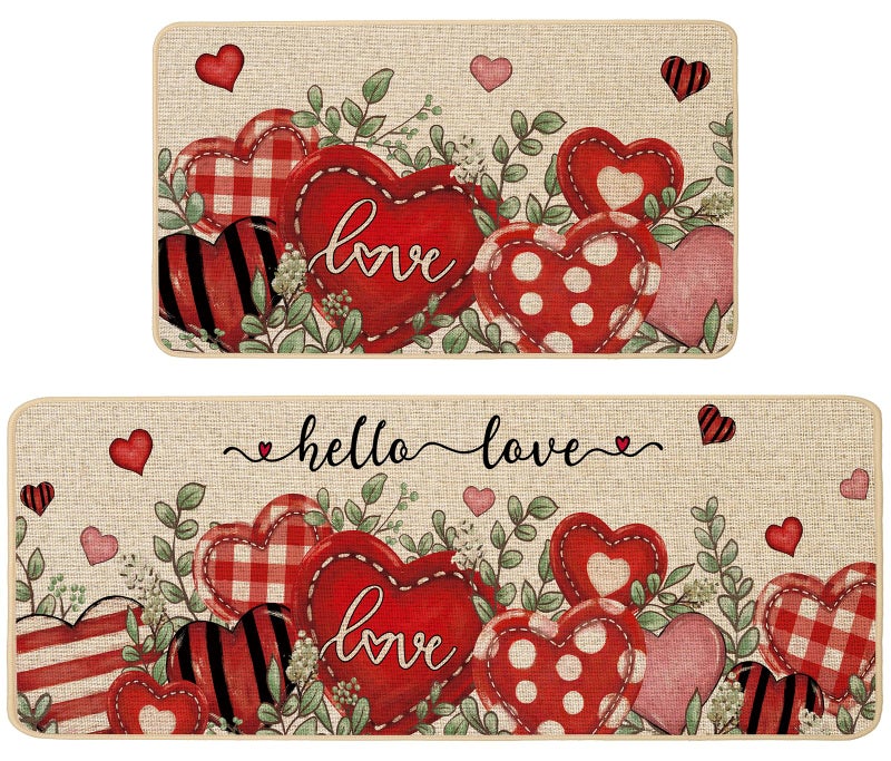 Baccessor Valentine's Day Kitchen Rugs Set of 2, Hello Love Hearts Eucalyptus Kitchen Mats Non Slip Low-Profile Washable for Floor Anniversary Wedding Home Decor 17x29 and 17x47 Inch - Image 1