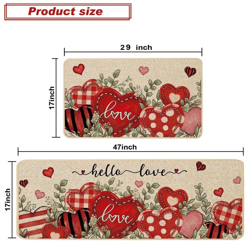 Baccessor Valentine's Day Kitchen Rugs Set of 2, Hello Love Hearts Eucalyptus Kitchen Mats Non Slip Low-Profile Washable for Floor Anniversary Wedding Home Decor 17x29 and 17x47 Inch - Image 4