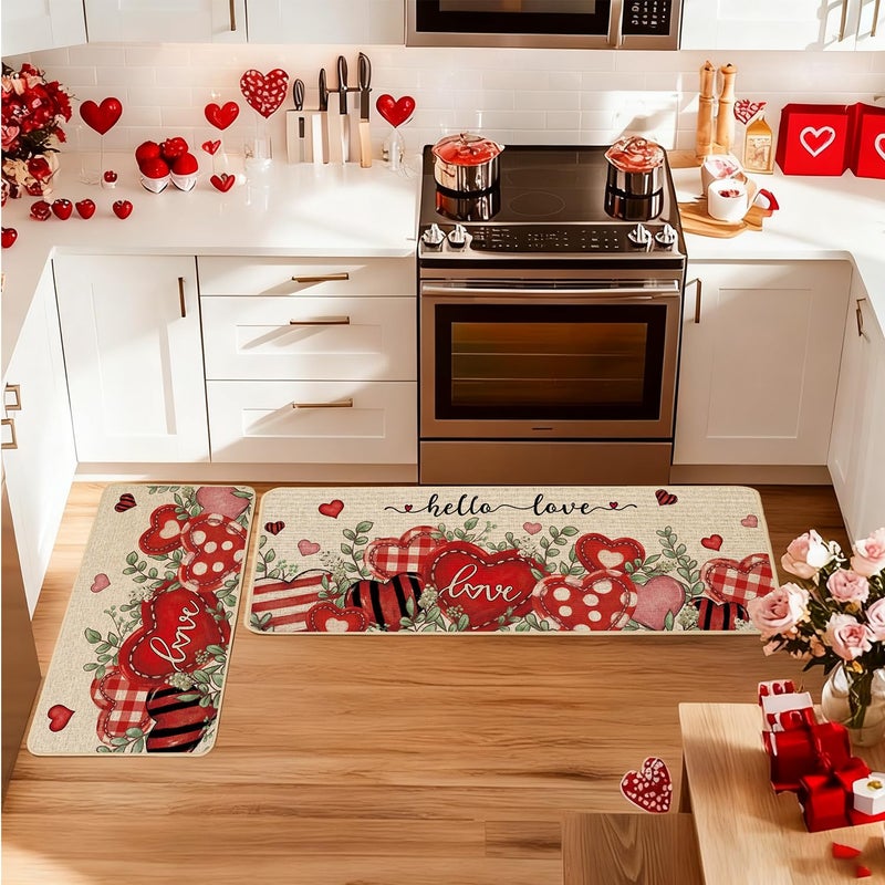 Baccessor Valentine's Day Kitchen Rugs Set of 2, Hello Love Hearts Eucalyptus Kitchen Mats Non Slip Low-Profile Washable for Floor Anniversary Wedding Home Decor 17x29 and 17x47 Inch - Image 3