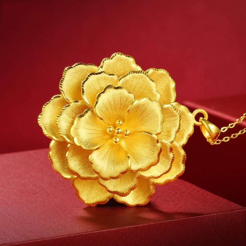 Generic Brass Plated Gold Color Flower Pendant Lao Gold Necklace Womens Large Flower New Wedding Wedding Jewelry Gold double wave chain [45cm]]