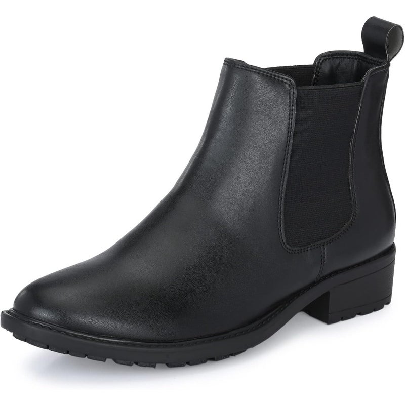 Burwood Women's Black Plain Chelsea Boot for everyday wear, premium leather, matte black finish, sleek ankle design with elastic side panels - Image 1