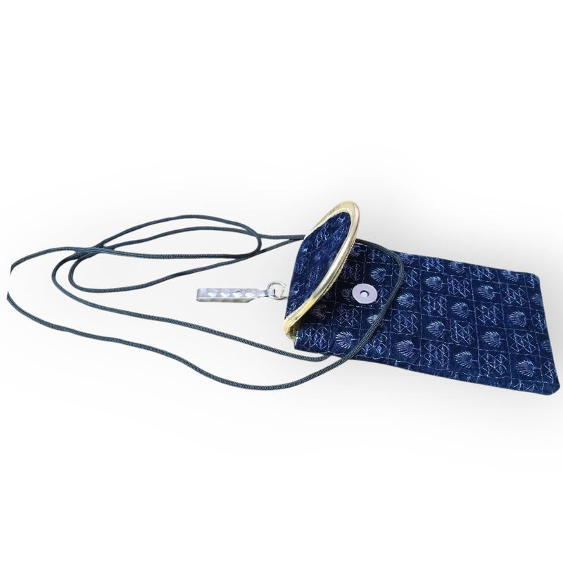 SUMERA WARQ Velvet Mobile Phone Pouch, Snowflake Embroidered Pattern, Multicolor with Gold Trim, Sling and Clip (Nevy Blue) - Image 2