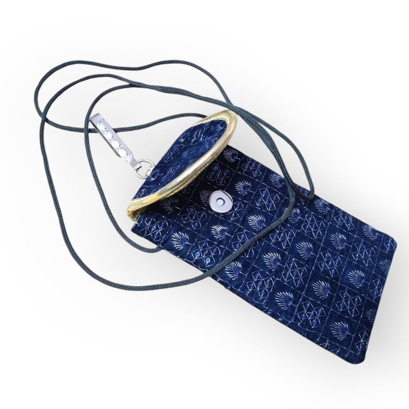 SUMERA WARQ Velvet Mobile Phone Pouch, Snowflake Embroidered Pattern, Multicolor with Gold Trim, Sling and Clip (Nevy Blue) - Image 4