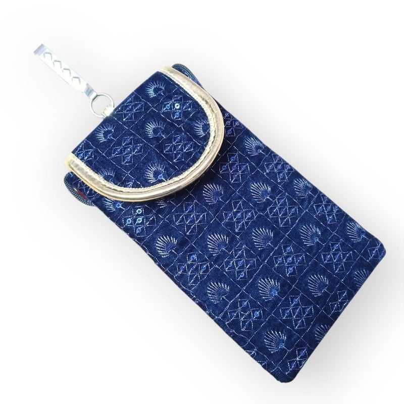 SUMERA WARQ Velvet Mobile Phone Pouch, Snowflake Embroidered Pattern, Multicolor with Gold Trim, Sling and Clip (Nevy Blue) - Image 1