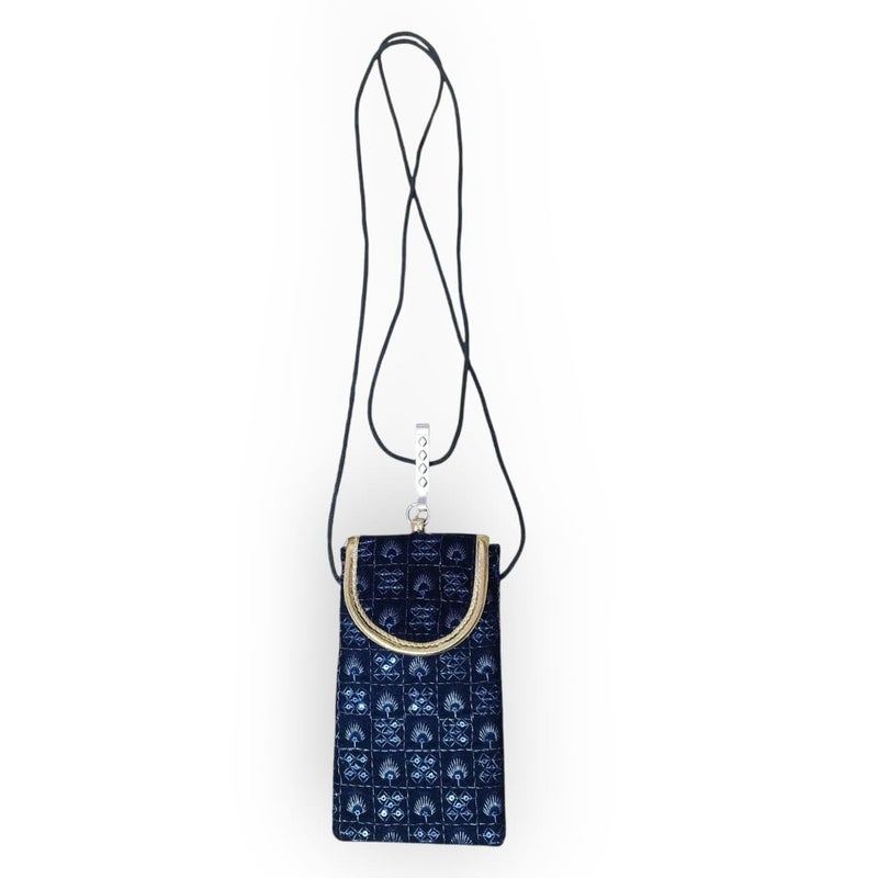 SUMERA WARQ Velvet Mobile Phone Pouch, Snowflake Embroidered Pattern, Multicolor with Gold Trim, Sling and Clip (Nevy Blue) - Image 3