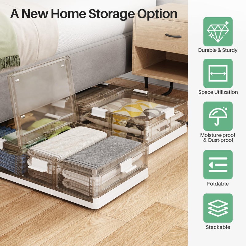 Kitstorack Plastic Under Bed Storage Containers,2 Pack Underbed Storage with Wheels,Foldable and Stackable Under Bed Organizer,Moisture and Dust-proof Storage Boxes for Clothes Shoes,13.6 Gal - Image 2