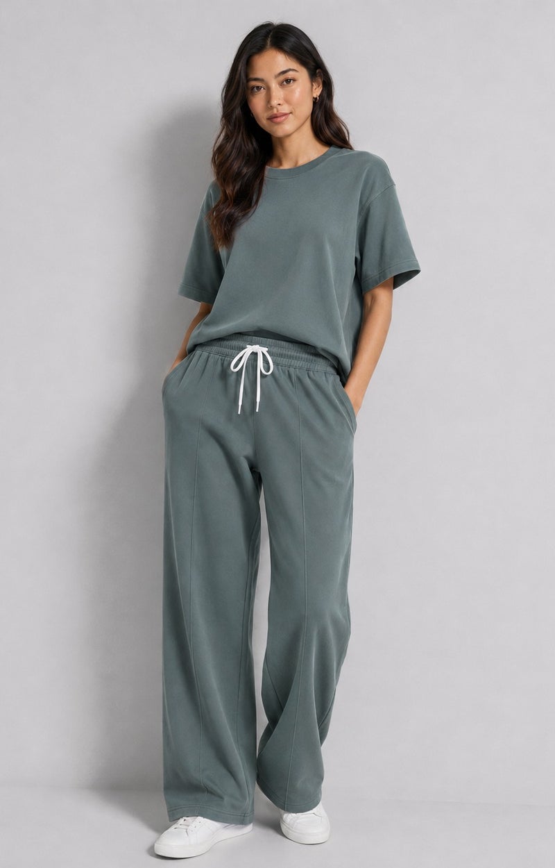 Fabienne Women's 2 Piece Lounge Set Oversized T-Shirt with Elbow-Length Sleeves and Wide Leg Pants Relaxed Fit Casual Sweatsuit Set for Women with Drawstring Waist Comfortable Homewear Ladies Loungewear Grey - Image 1