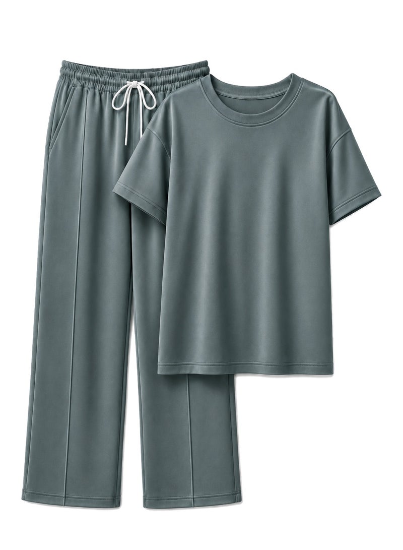 Fabienne Women's 2 Piece Lounge Set Oversized T-Shirt with Elbow-Length Sleeves and Wide Leg Pants Relaxed Fit Casual Sweatsuit Set for Women with Drawstring Waist Comfortable Homewear Ladies Loungewear Grey - Image 2