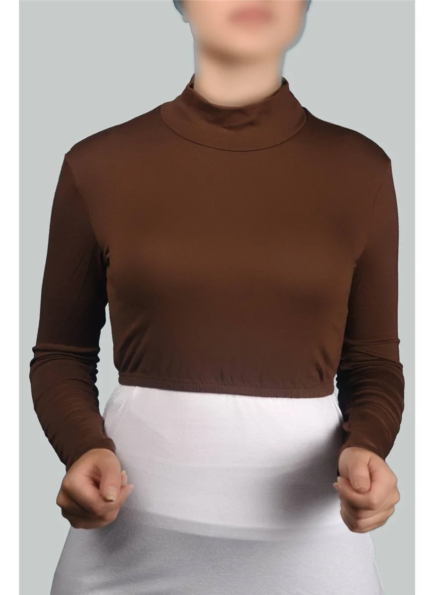 التوبة Long Sleeve Turtleneck Turtleneck Lycra Combed Cotton Women's Half Bodysuit - Chocolate