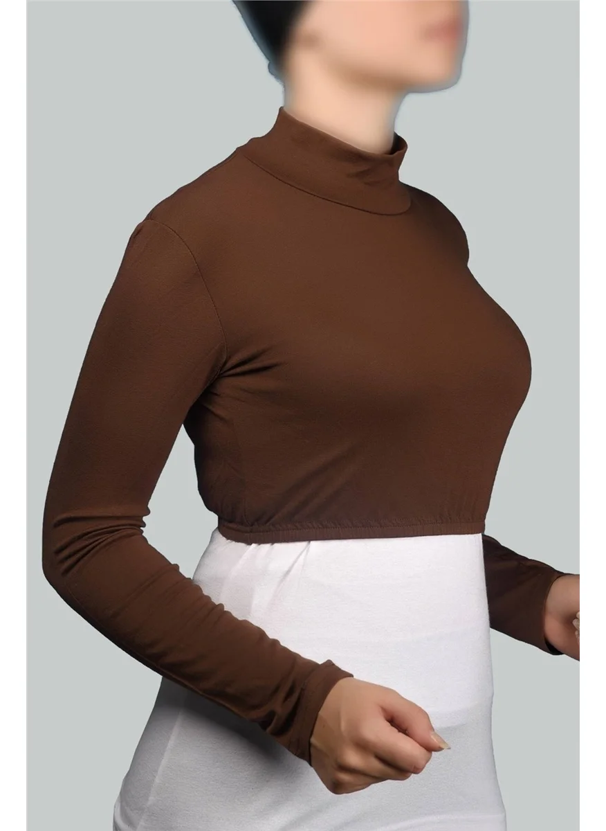 التوبة Long Sleeve Turtleneck Turtleneck Lycra Combed Cotton Women's Half Bodysuit - Chocolate