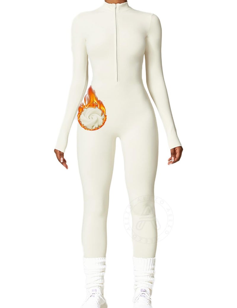 AEEZO Womens Fleece Lined Workout Jumpsuits Zip Up Thermal Yoga Rompers Sexy One Piece Bodycon Pants - Image 1