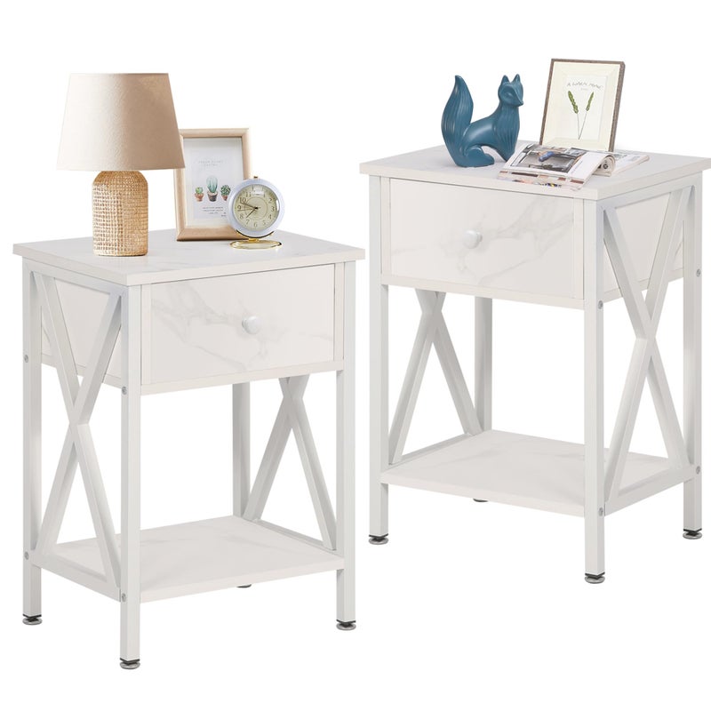 VECELO طقم طاولات جانبية VECELO مكون من 2 طاولة سرير حديثة مع درج ورف تخزين لغرفة المعيشة وغرفة النوم بإطار معدني صناعي