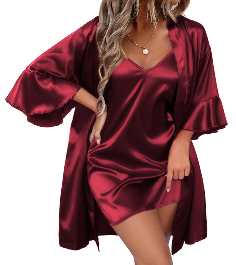 Ekouaer Women's Silk Robe Set V-neck 2 Piece Bridal Party Robes and Satin Bathrobe Set with Pockets (Wine Red, Medium) - Image 1