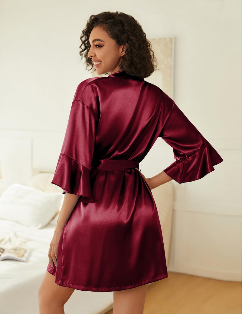 Ekouaer Women's Silk Robe Set V-neck 2 Piece Bridal Party Robes and Satin Bathrobe Set with Pockets (Wine Red, Medium) - Image 5