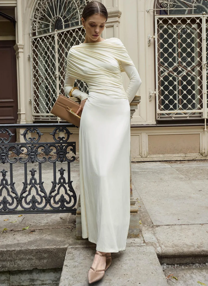 Lichi Knitted maxi dress with pleats and draped bodice