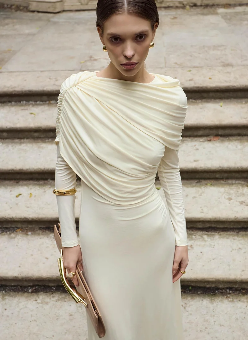 Lichi Knitted maxi dress with pleats and draped bodice