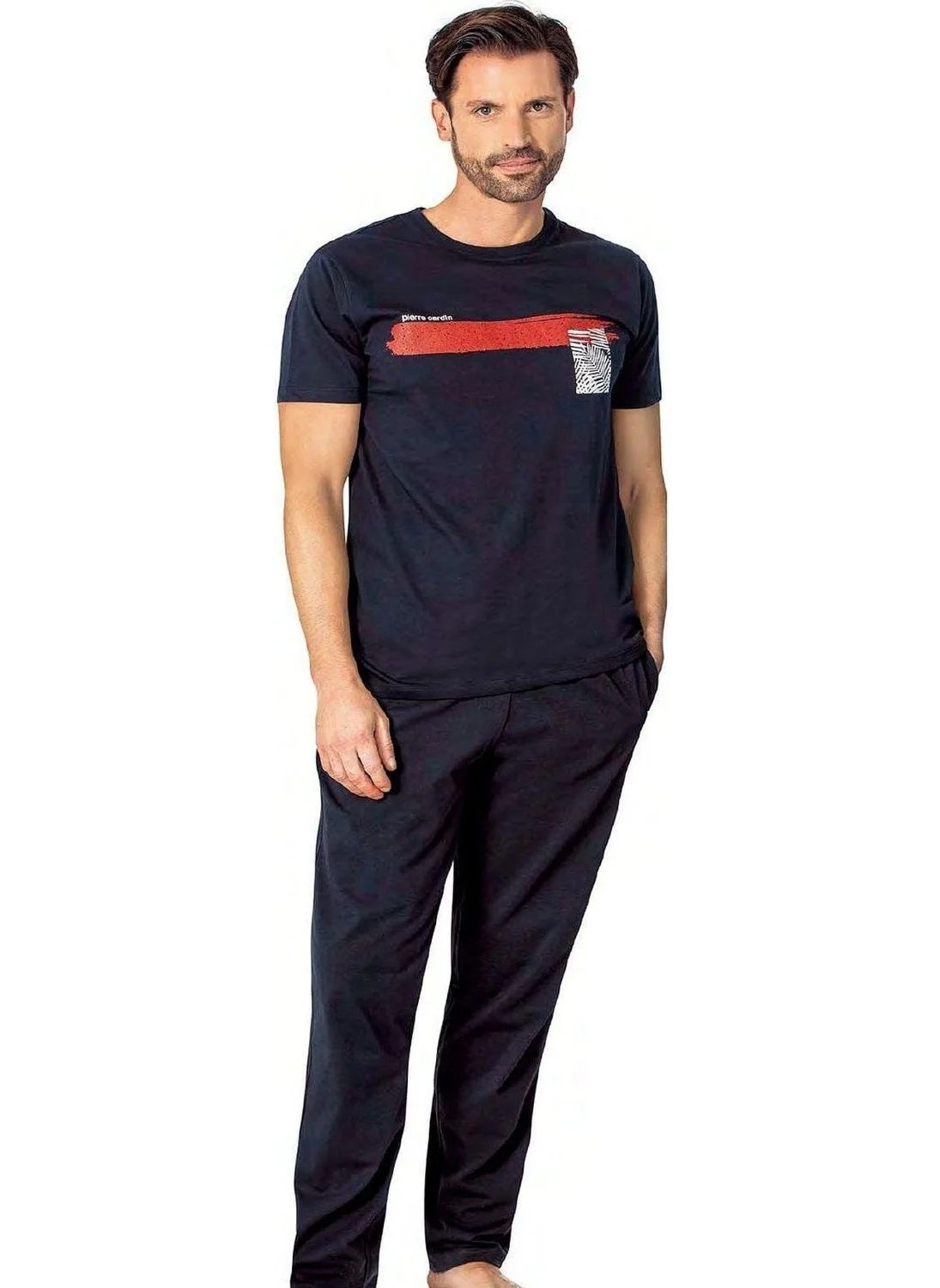 بيير كاردان 6077 Men's Short Sleeve Crew Neck Pajama Set-Navy Blue
