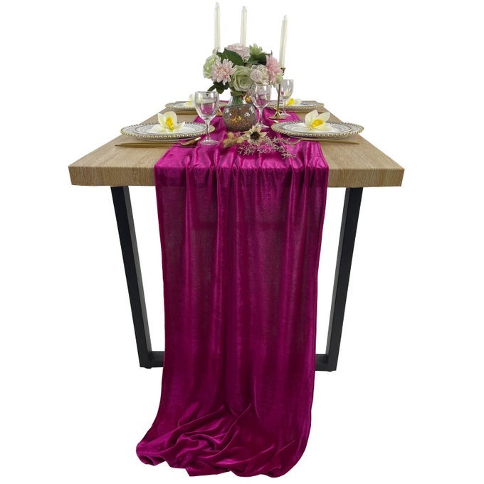 LUXURIOUS VELVET TABLE RUNNER 10FT WEDDING RECEPTION DECORATIONS 20X120INCH SOFT VELVET FABRIC TABLE LINEN OVERLAY WEDDING TABLE RUNNERS FUCHSIA 20X120INCH