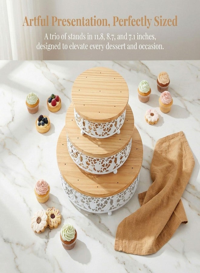 WOPARTY 3-Tier Wooden Cake Pop Stand Set, White Metal Decorative Border, 11.8/8.7/7.1 Inch Round Display Stands with 35 Holes, 50 Sticks Included for Party Wedding - Image 2