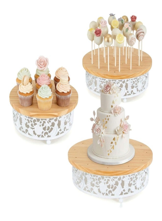 WOPARTY 3-Tier Wooden Cake Pop Stand Set, White Metal Decorative Border, 11.8/8.7/7.1 Inch Round Display Stands with 35 Holes, 50 Sticks Included for Party Wedding - Image 1