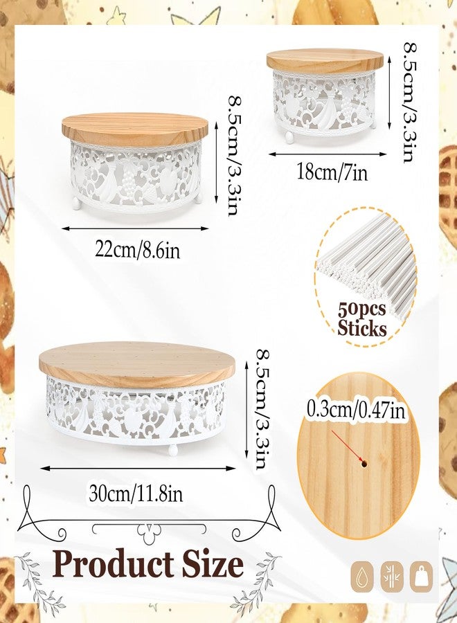 WOPARTY 3-Tier Wooden Cake Pop Stand Set, White Metal Decorative Border, 11.8/8.7/7.1 Inch Round Display Stands with 35 Holes, 50 Sticks Included for Party Wedding - Image 3
