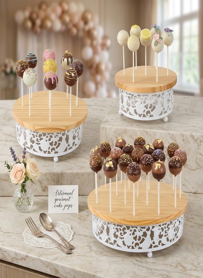 WOPARTY 3-Tier Wooden Cake Pop Stand Set, White Metal Decorative Border, 11.8/8.7/7.1 Inch Round Display Stands with 35 Holes, 50 Sticks Included for Party Wedding - Image 5