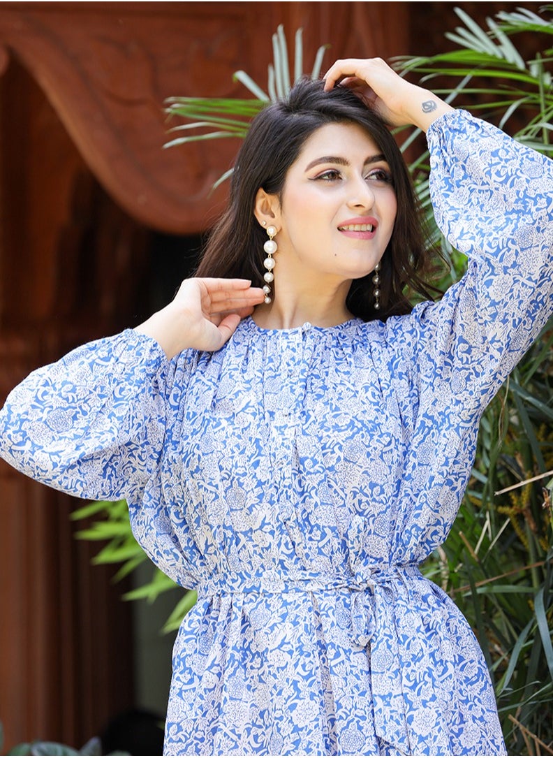 Swadesh Souq - Blue Floral Printed Cotton Western Dress - Image 1