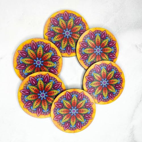 Otidge Coasters for Cups Set of 6 / MDF Coasters for Glasses/Tea Coaster Set of 6 / Waterproof Dining Table Decor Glass Cover or Tea Coaster (Yellow Mandala) - Image 2