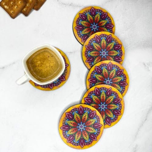 Otidge Coasters for Cups Set of 6 / MDF Coasters for Glasses/Tea Coaster Set of 6 / Waterproof Dining Table Decor Glass Cover or Tea Coaster (Yellow Mandala) - Image 1