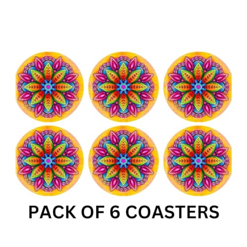 Otidge Coasters for Cups Set of 6 / MDF Coasters for Glasses/Tea Coaster Set of 6 / Waterproof Dining Table Decor Glass Cover or Tea Coaster (Yellow Mandala) - Image 5