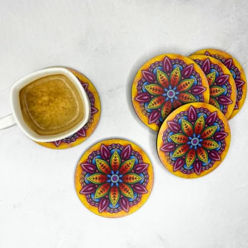 Otidge Coasters for Cups Set of 6 / MDF Coasters for Glasses/Tea Coaster Set of 6 / Waterproof Dining Table Decor Glass Cover or Tea Coaster (Yellow Mandala) - Image 3