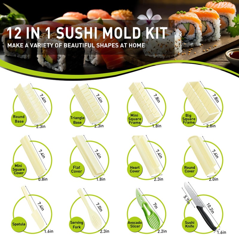 TIMDAM Sushi Making Kit, 12 Pcs Sushi Maker Kit, Sushi Molds Press with Sushi Rice Mold Shapes, Sushi Maker Roller Kit, Sushi Kit for Beginners, DIY Home Onigiri Mold Sushi Tool Kitchen Accessories - Image 2