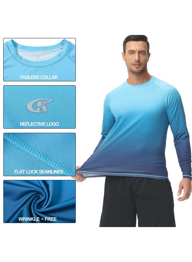 Satankud Men's Long Sleeve Swim Shirts Rashguard UPF 50+ UV Sun Protection Shirt Athletic Workout Running Hiking T-Shirt Swimwear, 08- T5 Blue Gradient, M - Image 3