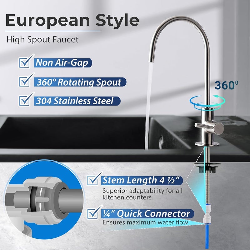 iSpring GA1-BN Drinking Water RO Faucet for Kitchen Sink, Heavy-Duty Lead-Free Reverse Osmosis Faucet for RO Water Filtration System, Non-Air Gap 100% Stainless Steel RO Faucet, Brushed Nickel Finish - Image 3