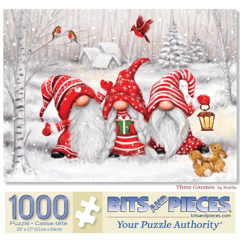 Bits and Pieces 1000 Piece Jigsaw Puzzle for Adults 20 x 27 Three Gnomes 1000 pc Christmas Winter Jigsaw by Artist Makiko - Image 2