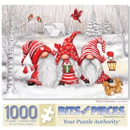 Bits and Pieces 1000 Piece Jigsaw Puzzle for Adults 20 x 27 Three Gnomes 1000 pc Christmas Winter Jigsaw by Artist Makiko - Image 1