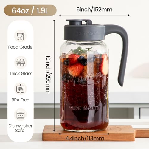 Spreccio 64 oz Mason Jar Pitcher with Lid - Wide Mouth, 2 Quart Glass Water Pitcher with Lid - Heavy Duty, Leak Proof - Sun & Iced Tea, Cold Brew Coffee, Lemonade, Breast Milk Storage - Image 2