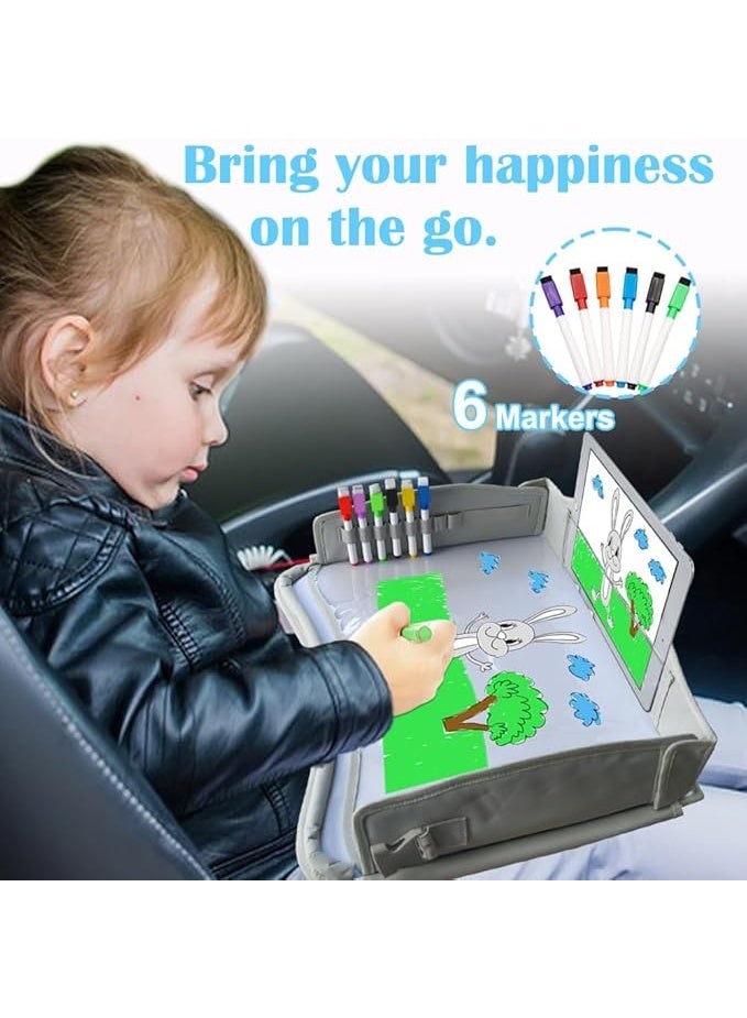 DUNISO Kids Travel Tray，Car Seat Tray for Kids Travel，Carseat Table For Kids Road Trip Activities with Storage Pockets & Dry Erase Board，Sturdy and Durable，for Kids Road Airplane Trip Activity - Image 3