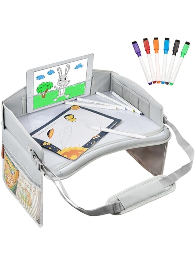 DUNISO Kids Travel Tray，Car Seat Tray for Kids Travel，Carseat Table For Kids Road Trip Activities with Storage Pockets & Dry Erase Board，Sturdy and Durable，for Kids Road Airplane Trip Activity - Image 1