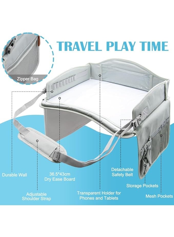 DUNISO Kids Travel Tray，Car Seat Tray for Kids Travel，Carseat Table For Kids Road Trip Activities with Storage Pockets & Dry Erase Board，Sturdy and Durable，for Kids Road Airplane Trip Activity - Image 2