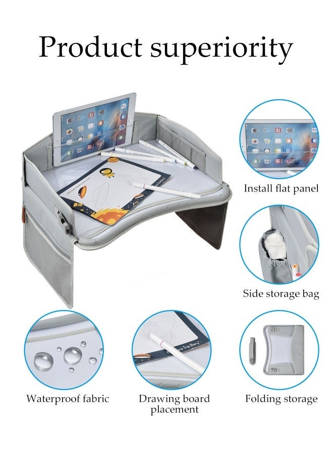 DUNISO Kids Travel Tray, Collapsible Toddler Car Seat Tray, Carseat Table for Kids Road Trip Activities with Storage Pockets & Dry Erase Board, Sturdy and Durable, Suitable for Kids Road Airplane Trip Activity - Image 5