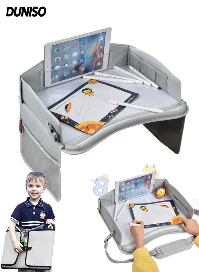 DUNISO Kids Travel Tray, Collapsible Toddler Car Seat Tray, Carseat Table for Kids Road Trip Activities with Storage Pockets & Dry Erase Board, Sturdy and Durable, Suitable for Kids Road Airplane Trip Activity - Image 1