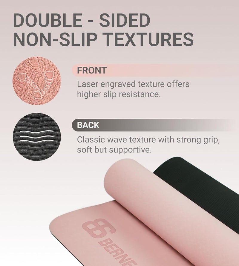 Bernessi 8MM Yoga Mat with Carrying Strap Anti-Slip for Home Workout Exercises Meditation Eco Friendly, Non Skid TPE Yoga Mattres for Pilates 183x61x0.8cm Thick, Pink/Black - Image 2