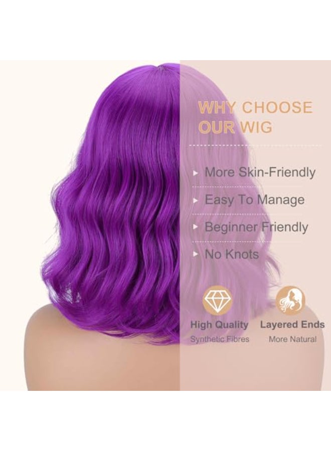 MISSQUEEN Short Dark Purple Wigs with Bangs for Women Loose Wavy Purple Wig Curly Shoulder Length Synthetic Cosplay Bob Purple Wavy Wig for Girl Colorful Costume Wigs - Image 3