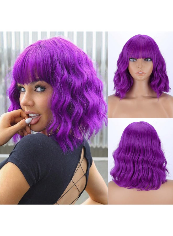 MISSQUEEN Short Dark Purple Wigs with Bangs for Women Loose Wavy Purple Wig Curly Shoulder Length Synthetic Cosplay Bob Purple Wavy Wig for Girl Colorful Costume Wigs - Image 2