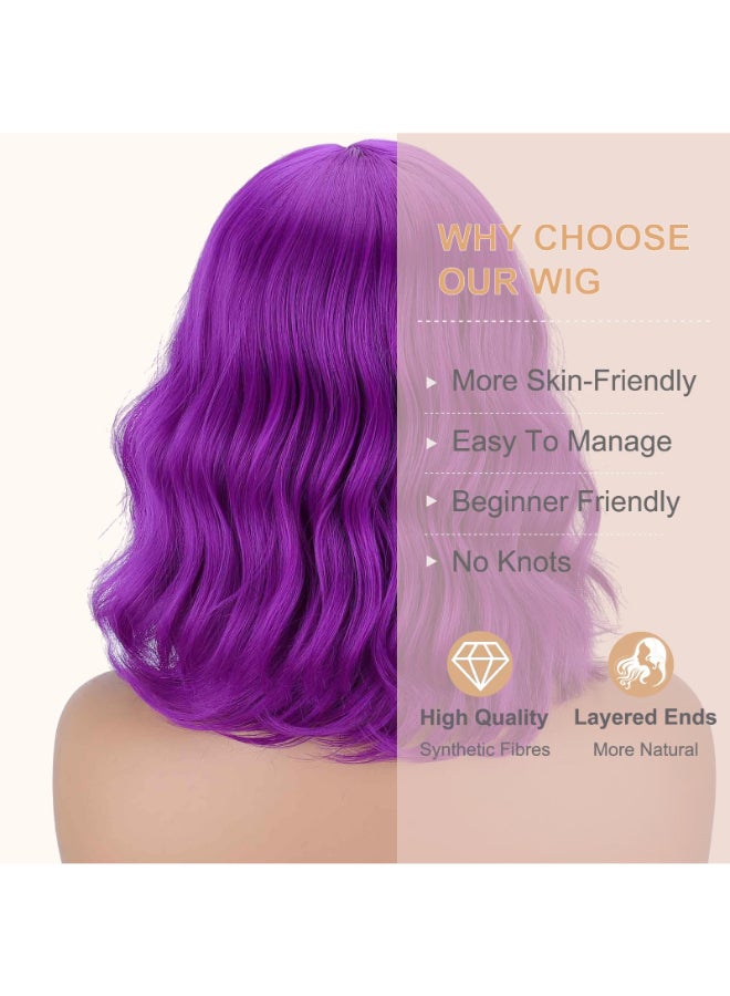 MISSQUEEN Short Dark Purple Wigs with Bangs for Women Loose Wavy Purple Wig Curly Shoulder Length Synthetic Cosplay Bob Purple Wavy Wig for Girl Colorful Costume Wigs - Image 4