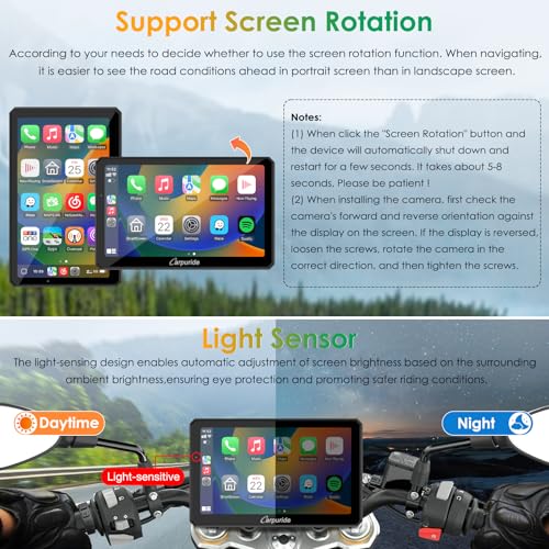 Carpuride W712D Motorcycle Carplay Screen with HD 1080 Dual Dash Cam, Wireless Car Play and Android Auto, 7" Waterproof Rotatable Navigation Touchscreen, Loop Recording, Bluetooth, Wired Controller - Image 5