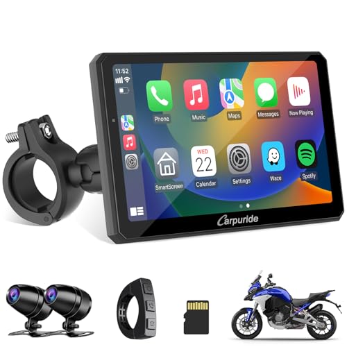 Carpuride W712D Motorcycle Carplay Screen with HD 1080 Dual Dash Cam, Wireless Car Play and Android Auto, 7" Waterproof Rotatable Navigation Touchscreen, Loop Recording, Bluetooth, Wired Controller - Image 1
