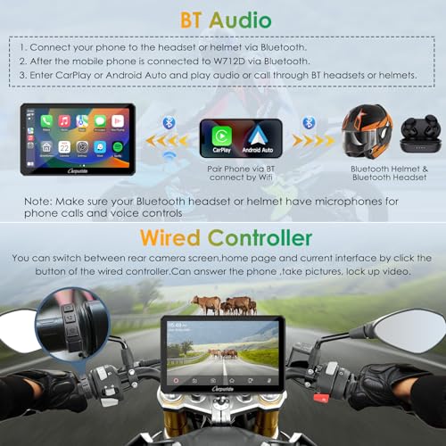 Carpuride W712D Motorcycle Carplay Screen with HD 1080 Dual Dash Cam, Wireless Car Play and Android Auto, 7" Waterproof Rotatable Navigation Touchscreen, Loop Recording, Bluetooth, Wired Controller - Image 4