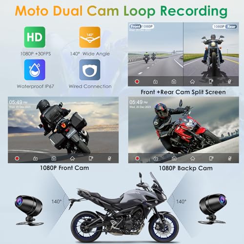 Carpuride W712D Motorcycle Carplay Screen with HD 1080 Dual Dash Cam, Wireless Car Play and Android Auto, 7" Waterproof Rotatable Navigation Touchscreen, Loop Recording, Bluetooth, Wired Controller - Image 3